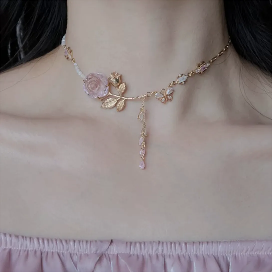 Pink Rose Charm Fritillaria Beaded Chain Y Choker Necklace