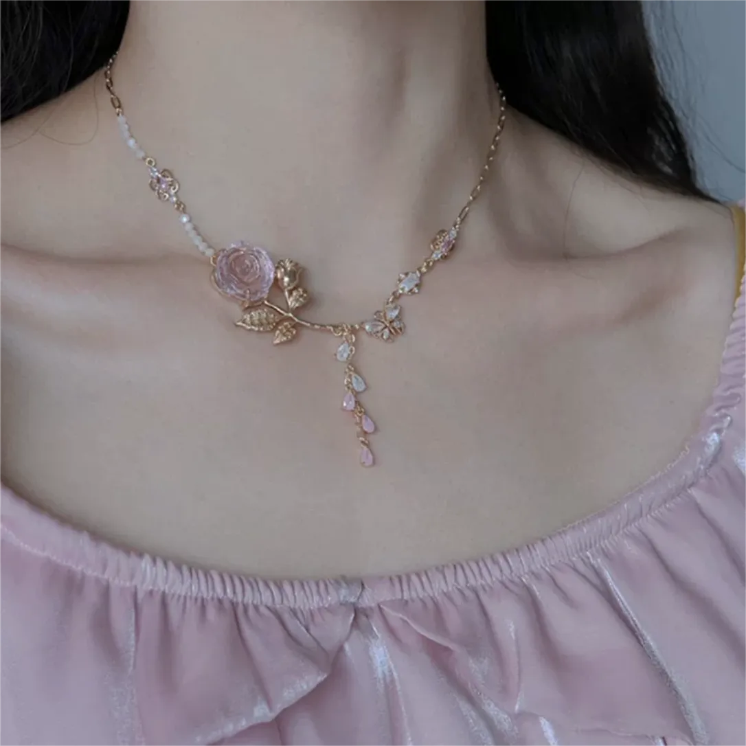 Pink Rose Charm Fritillaria Beaded Chain Y Choker Necklace