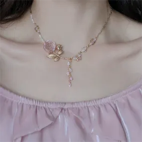 Pink Rose Charm Fritillaria Beaded Chain Y Choker Necklace