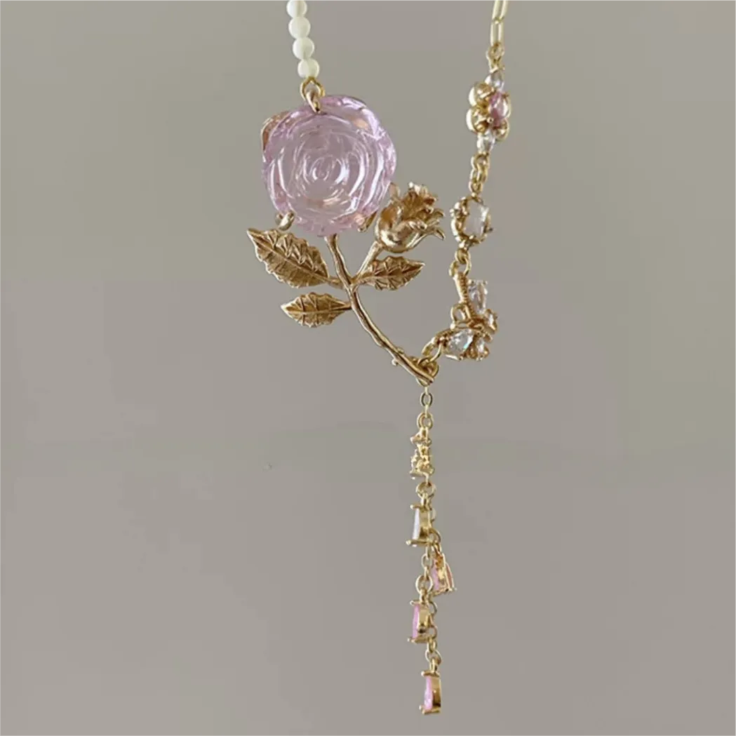 Pink Rose Charm Fritillaria Beaded Chain Y Choker Necklace