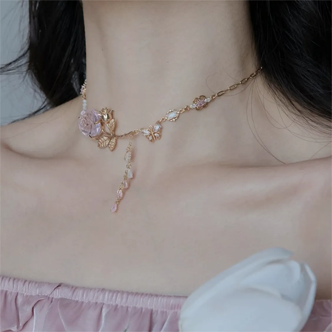 Pink Rose Charm Fritillaria Beaded Chain Y Choker Necklace