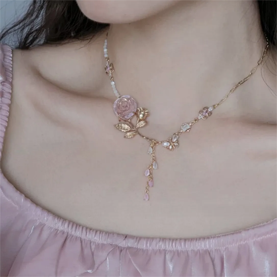 Pink Rose Charm Fritillaria Beaded Chain Y Choker Necklace