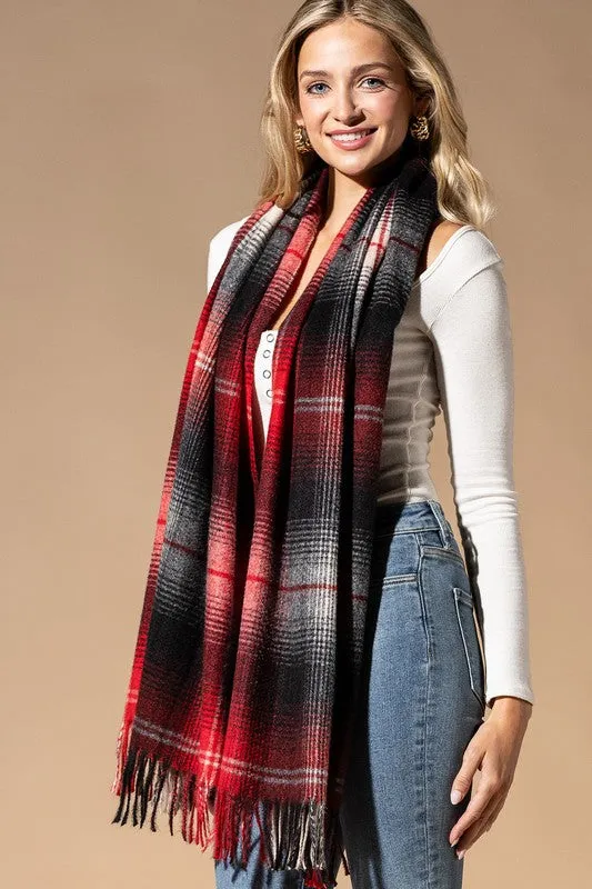 PLAID OBLONG SCARF WITH FRINGE (RED)