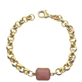 Plated Gold Chain & Rectangular Stone Bracelet: Pink Opal (BCG7080PO)