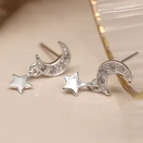 POM Sterling silver crystal moon and star drop earrings