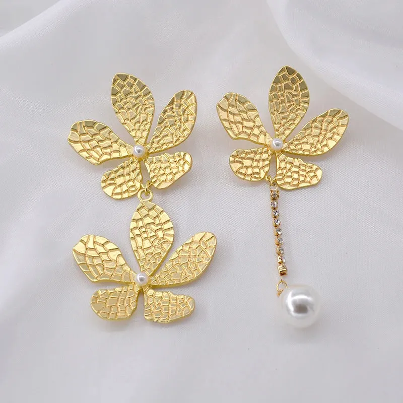 Pre Order:  Vintage Flower Pearl Asymmetric Drop Earrings