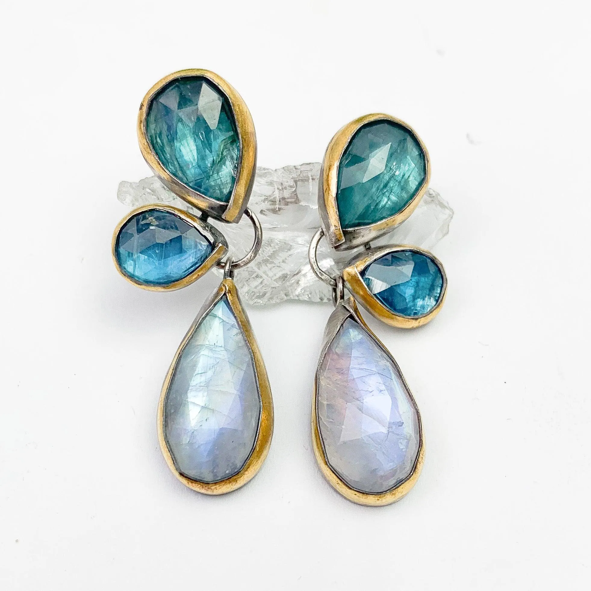 Rainbow Moonstone and Teal Kyanite Stud Earrings: Nature's Elegance