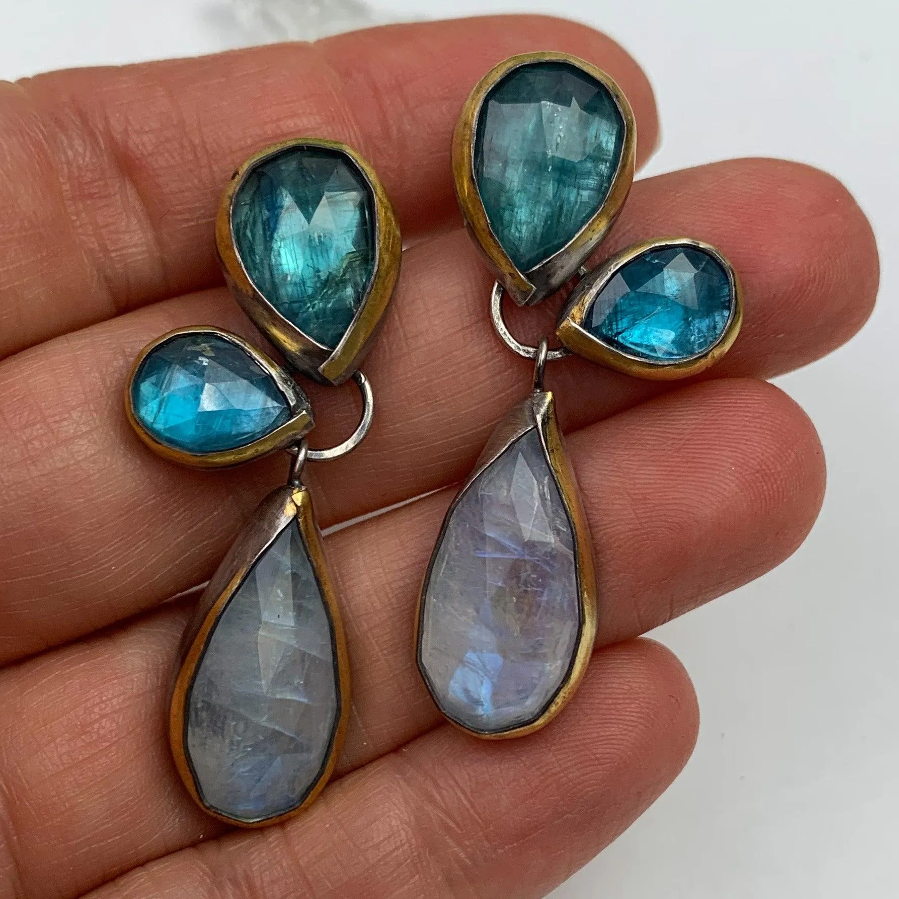 Rainbow Moonstone and Teal Kyanite Stud Earrings: Nature's Elegance