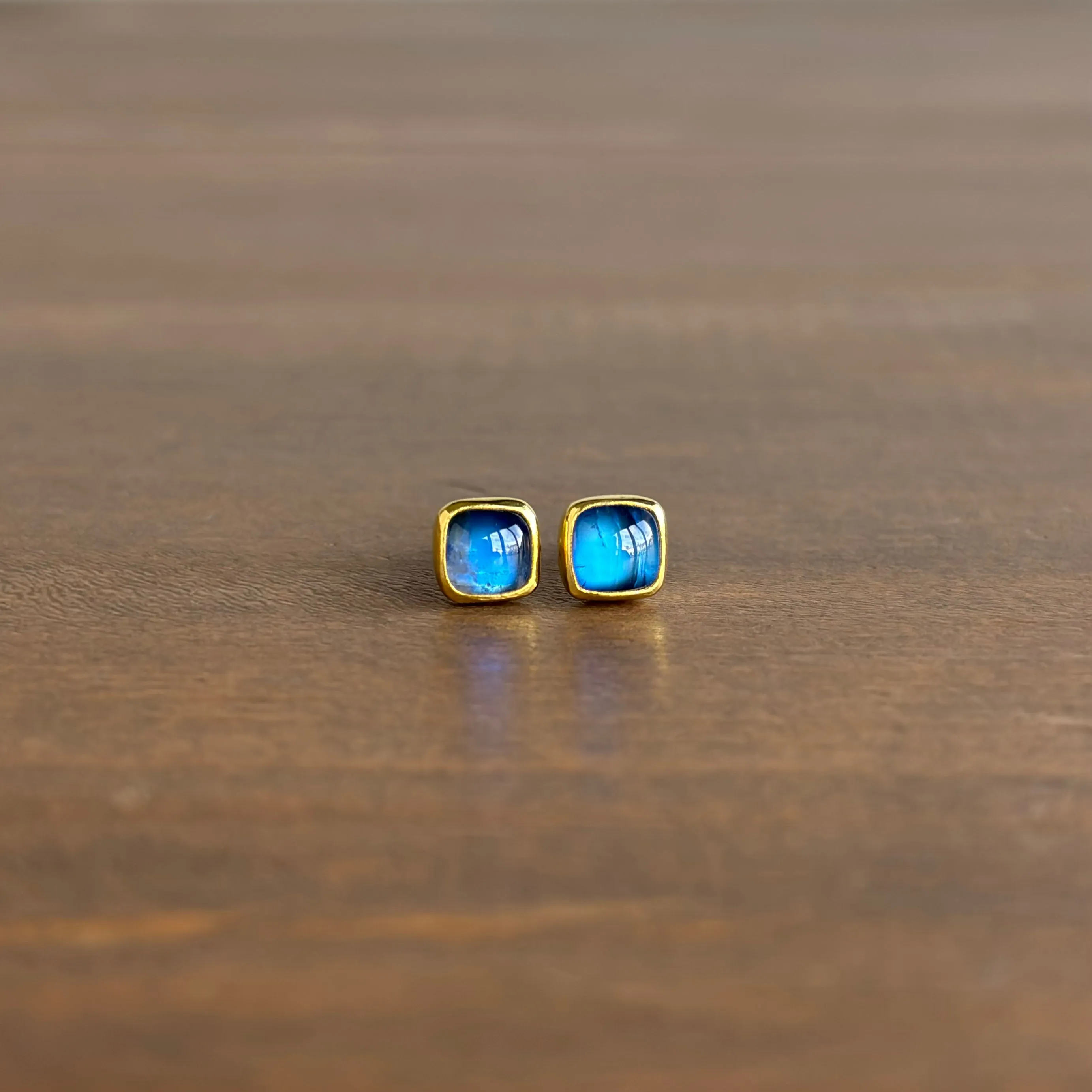 Rainbow Moonstone Cushion Cabochon Stud Earrings