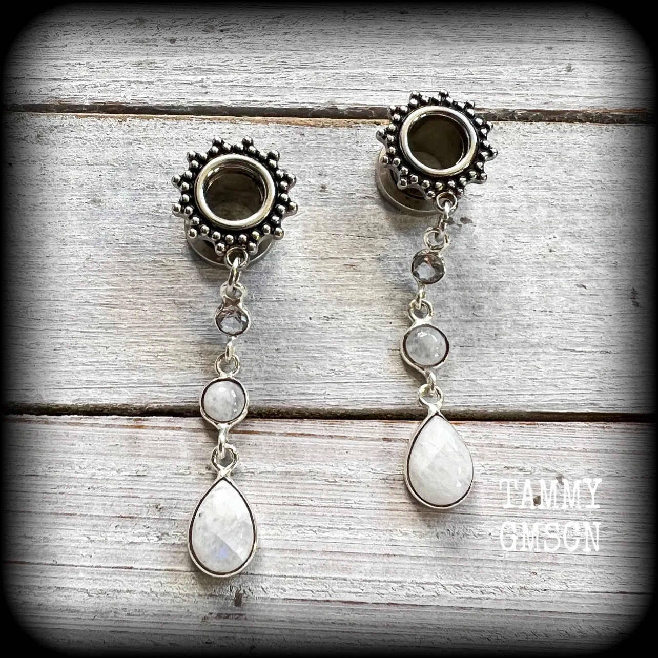 Rainbow moonstone ear gauges-Gemstone tunnel earrings