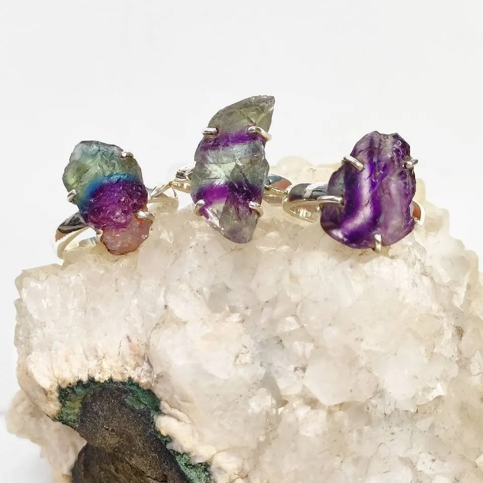 Raw Rainbow Fluorite Crystal Ring