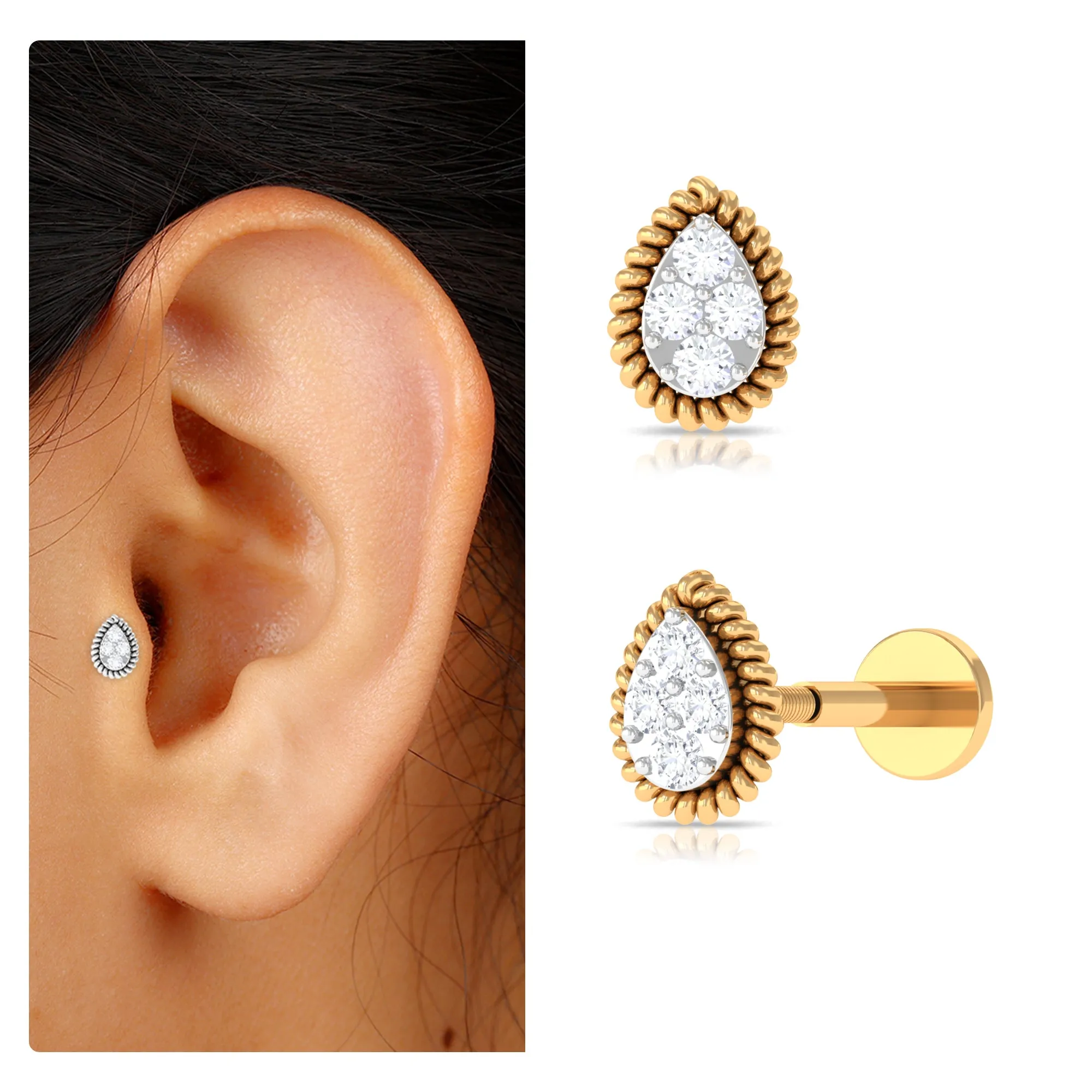 Real Diamond Teardrop Helix Earring with Gold Twisted Rope Frame