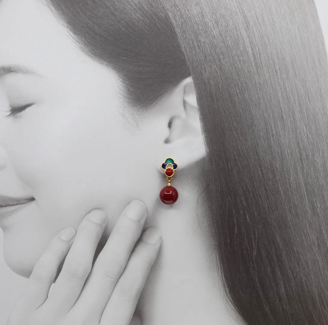 Red Jade Enamel Ruyi Earrings