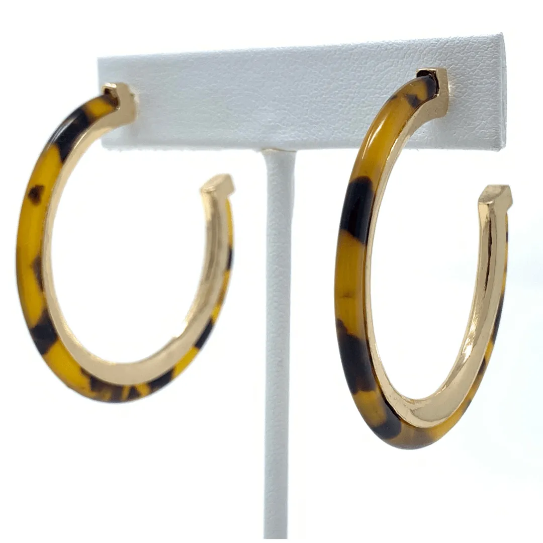 Resin Tortoise Shell Hoop Earrings With Gold Trim