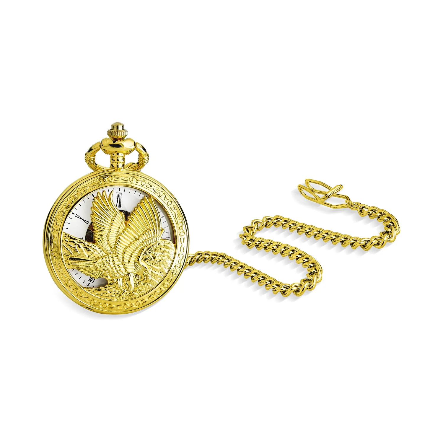 Retro Vintage Style Bald Eagle Pocket Watch with Chain - Gold Silver Bronze Finish