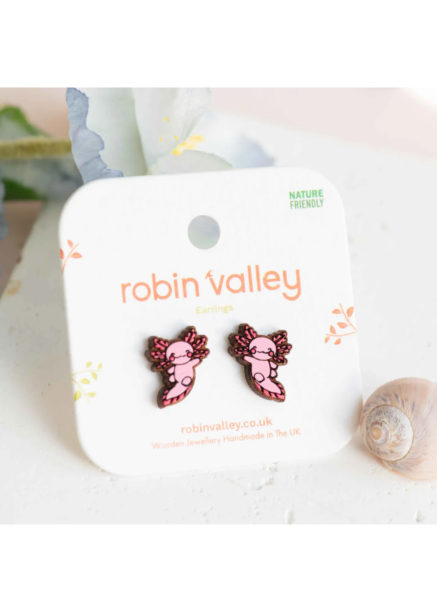 Robin Valley - Axolotl Cherry Wood Stud Earrings