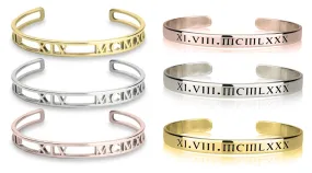 Roman Numerals Cuff Bracelet, Solid,Cutout, Sterling Silver/24K Gold/Rose Gold Plating, Christmas/Thanksgiving/Anniversary/Birthday Gifts