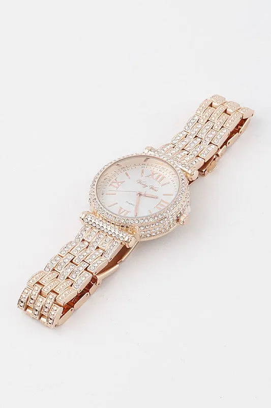 Rose Gold Jeweled Quartz Chain Watch