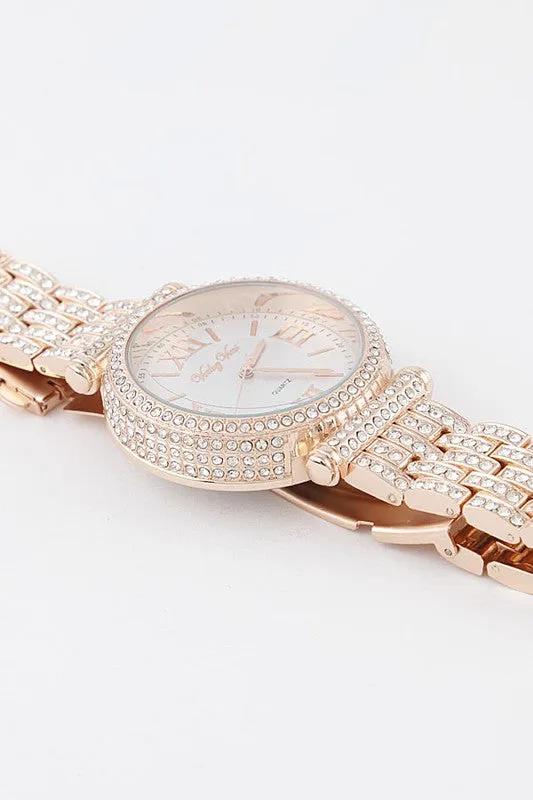 Rose Gold Jeweled Quartz Chain Watch