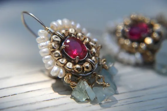 Rosy Zircon Pearls Ethnic earrings