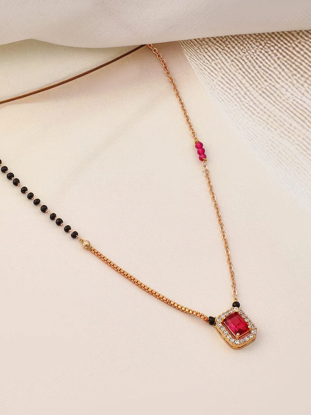 Rubans 18K Gold-Plated Ruby & Cubic Zirconia Studded Black and Gold Beaded Mangalsutra