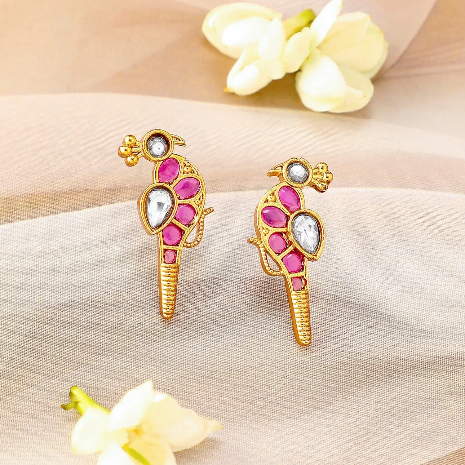 Rubans 22K Gold Plated Ruby Pink & Pearl Accented Jewellery Set