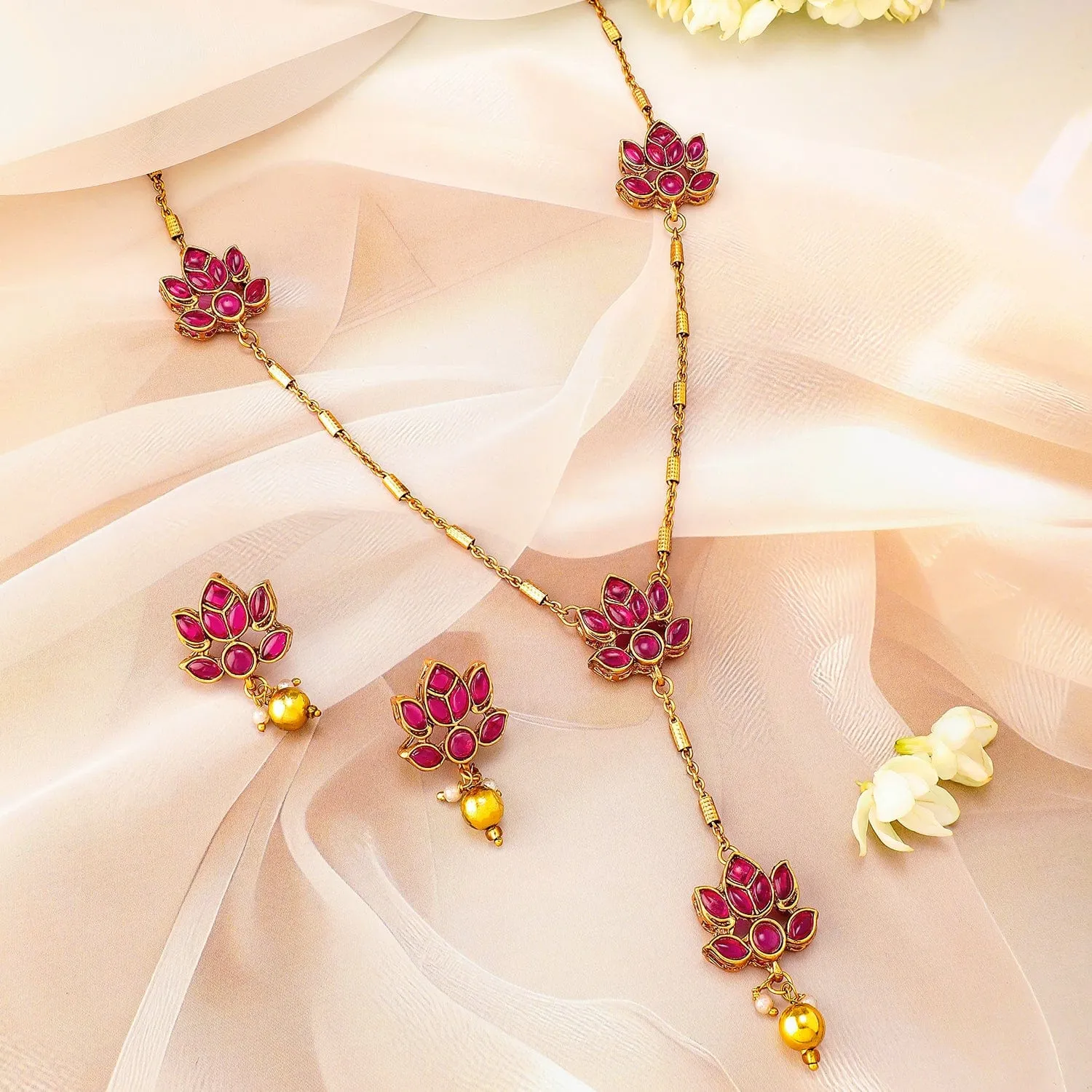 Rubans 22K Gold Plated Ruby Pink Studded Layered Lotus Motif Necklace Set