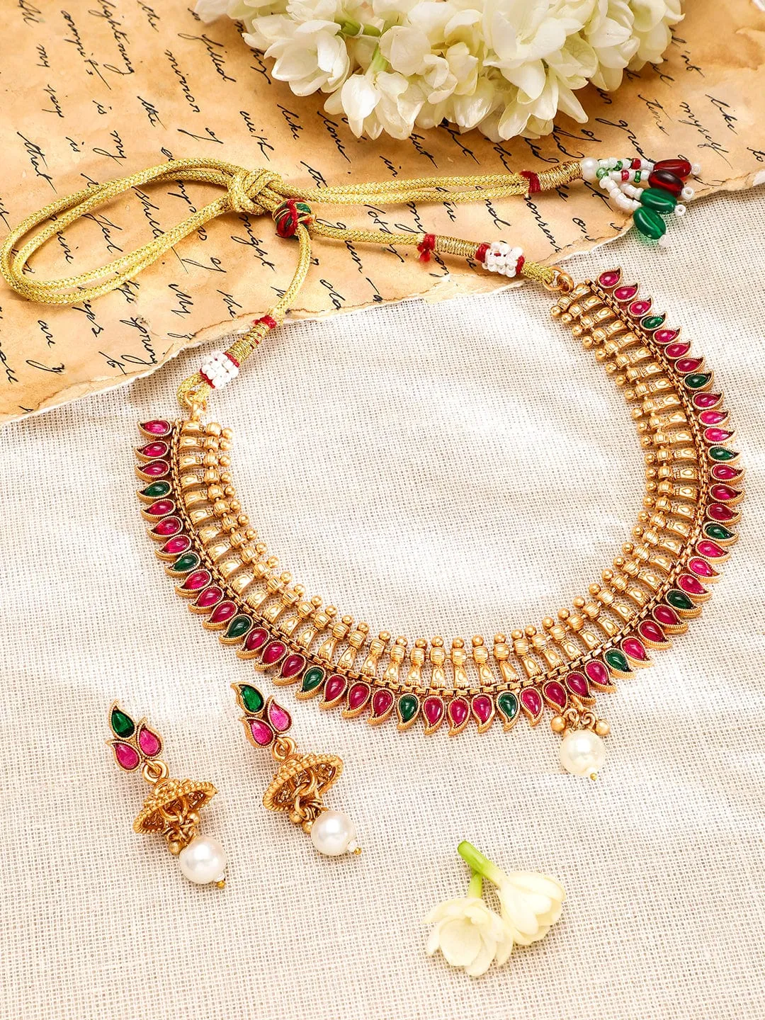 Rubans 22K Gold-Plated Ruby Red & Emerald Green Stone Traditional Pearl Drop Jewellery Set