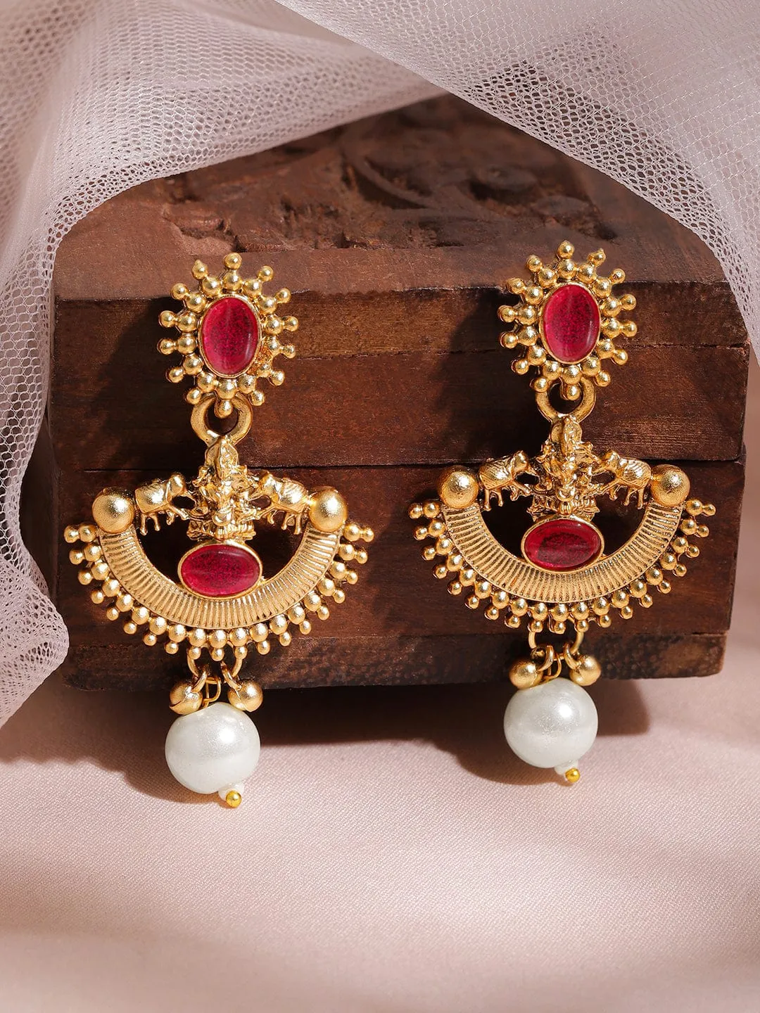 Rubans 22K Gold-Plated Ruby Red & Pearl Beaded Statement Necklace Set with Earrings