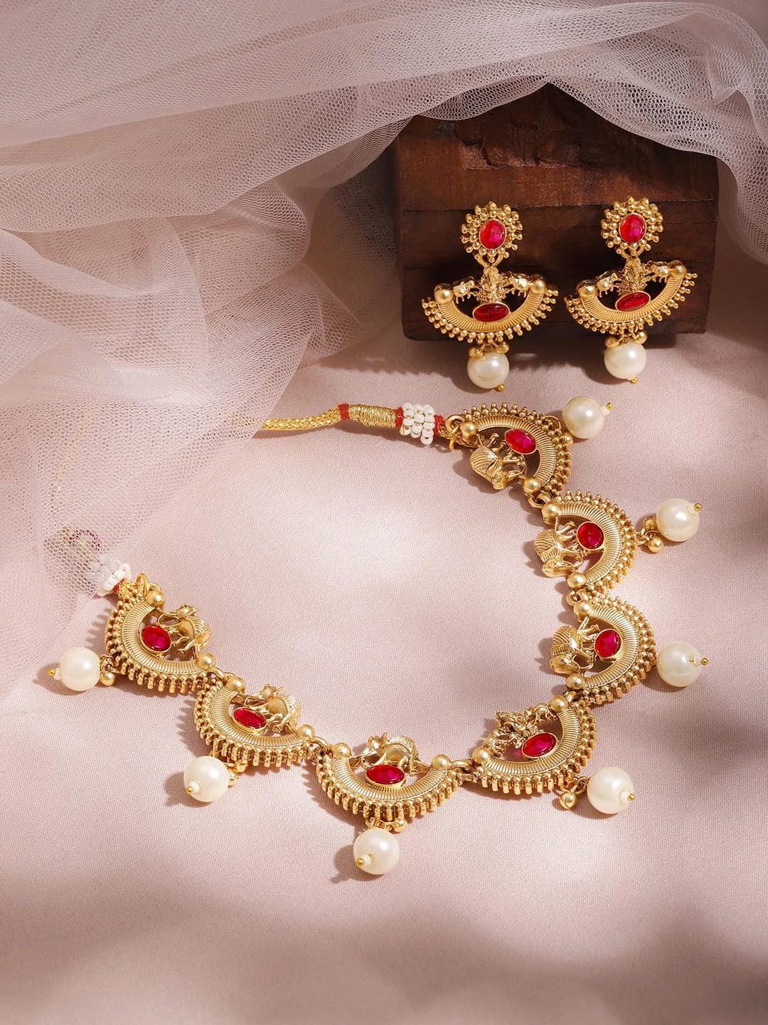 Rubans 22K Gold-Plated Ruby Red & Pearl Beaded Statement Necklace Set with Earrings