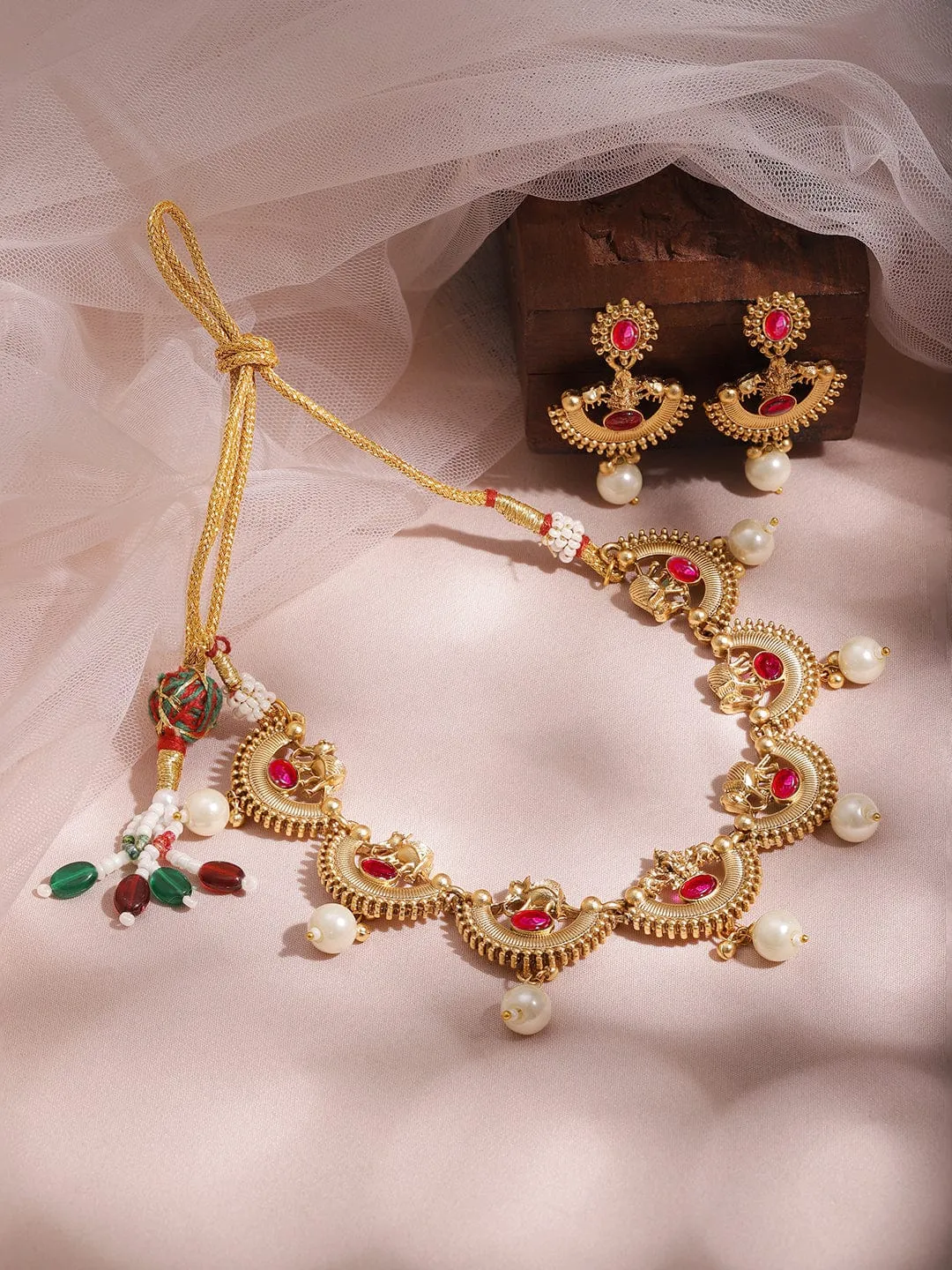 Rubans 22K Gold-Plated Ruby Red & Pearl Beaded Statement Necklace Set with Earrings