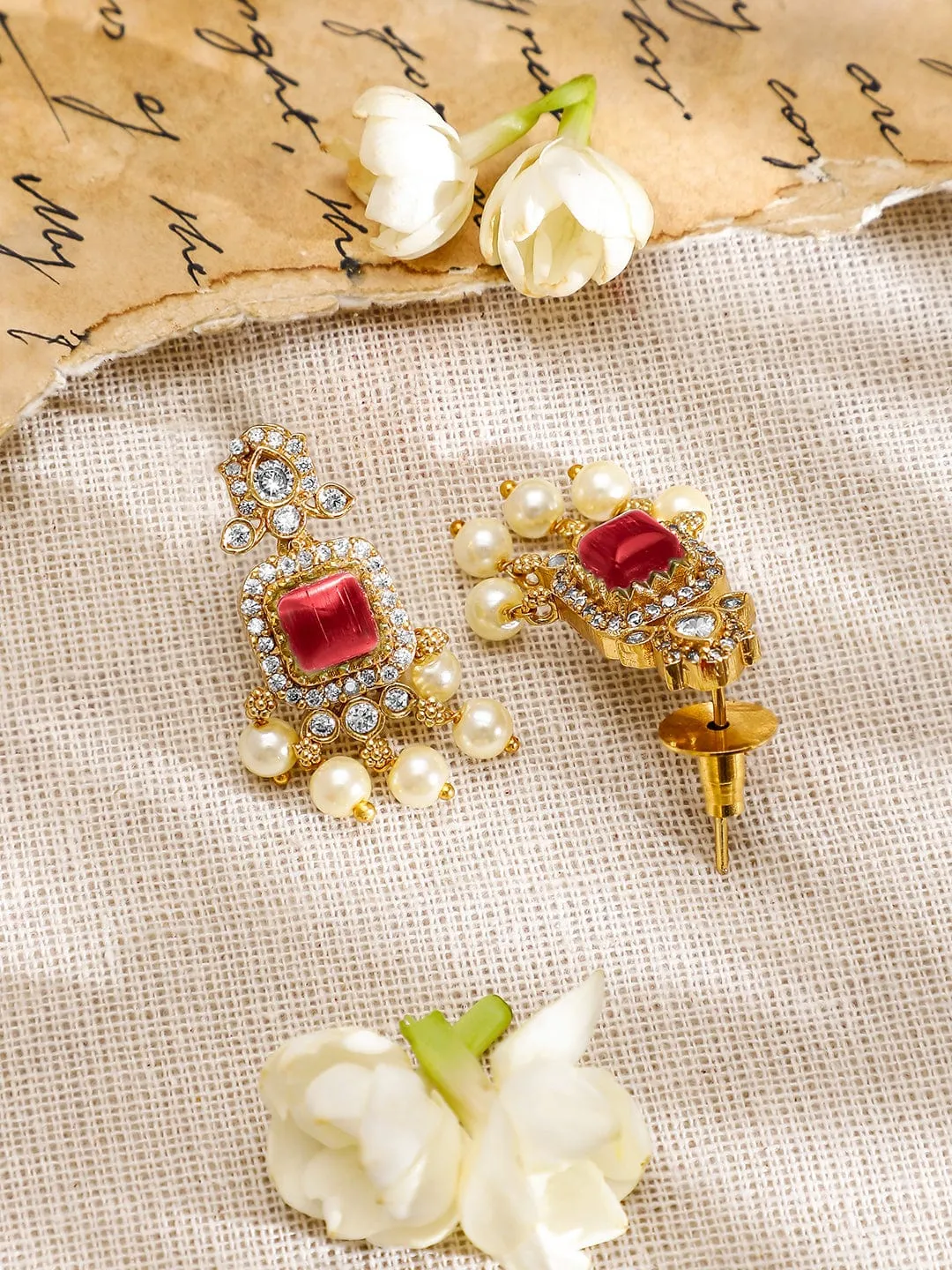 Rubans 22K Gold-Plated Ruby Red & White CubicZirconia Studed Jewellery Set with Pearl Drop