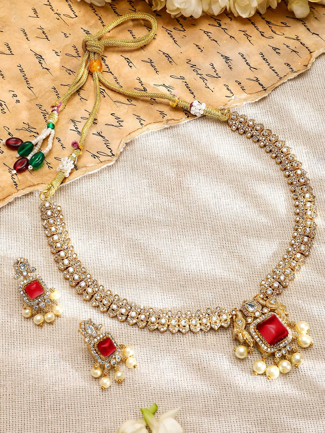 Rubans 22K Gold-Plated Ruby Red & White CubicZirconia Studed Jewellery Set with Pearl Drop