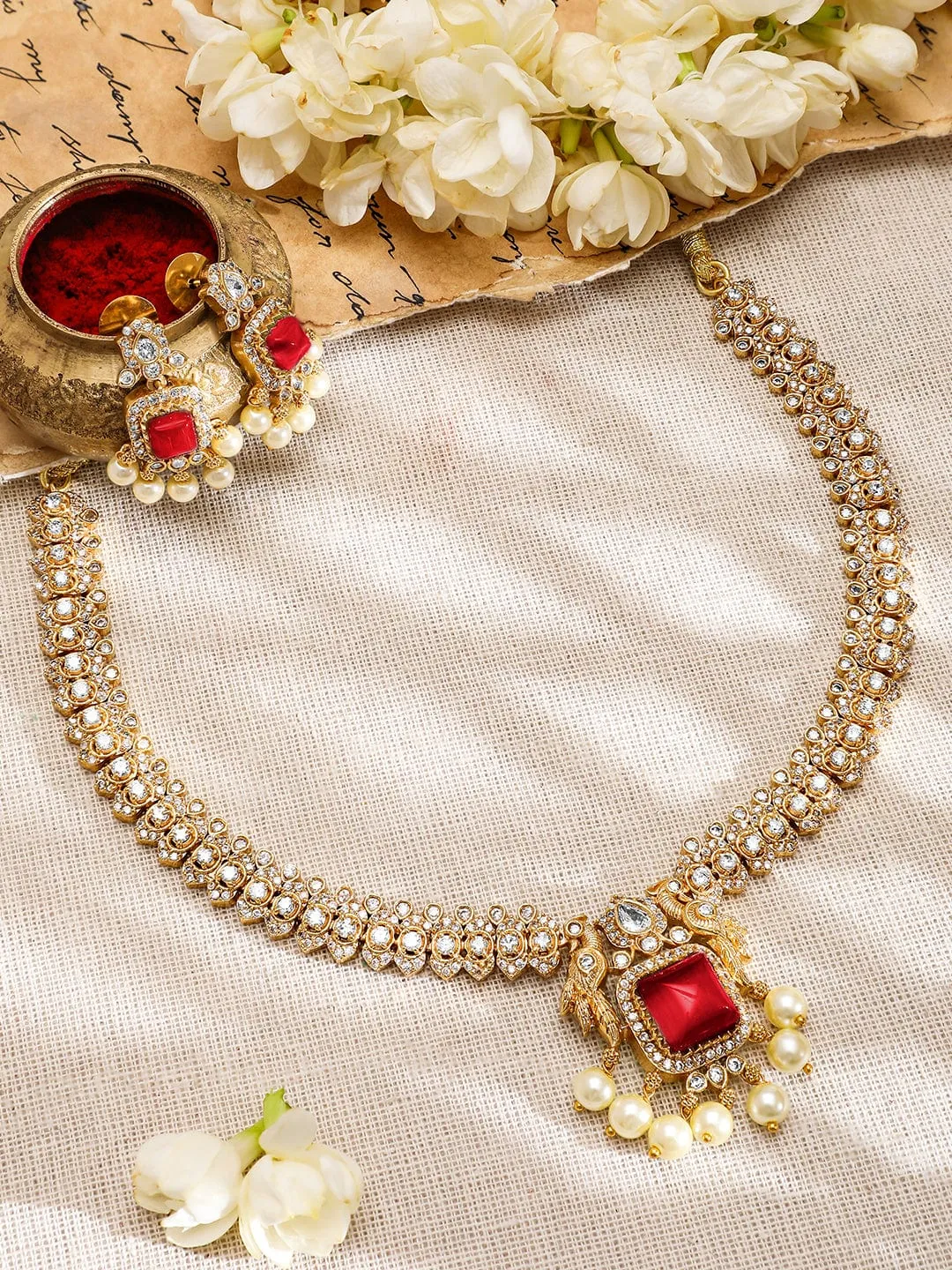 Rubans 22K Gold-Plated Ruby Red & White CubicZirconia Studed Jewellery Set with Pearl Drop