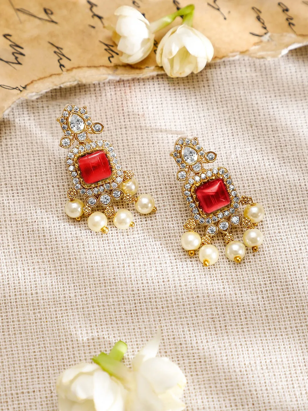 Rubans 22K Gold-Plated Ruby Red & White CubicZirconia Studed Jewellery Set with Pearl Drop