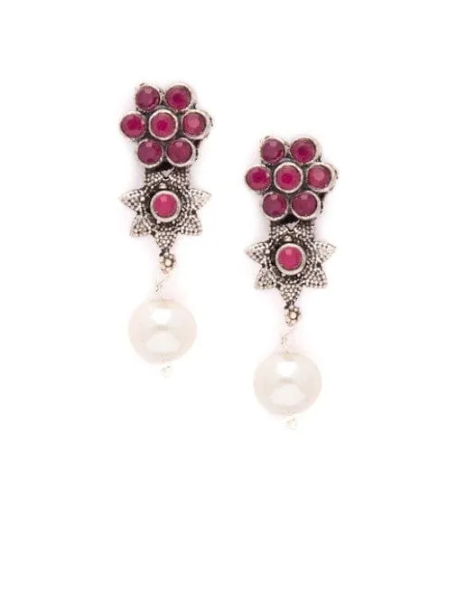 Rubans Oxidised Silver Plated Embellished With Faux Ruby Floral Necklace Set