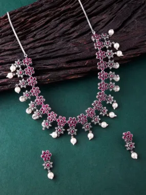 Rubans Oxidised Silver Plated Embellished With Faux Ruby Floral Necklace Set