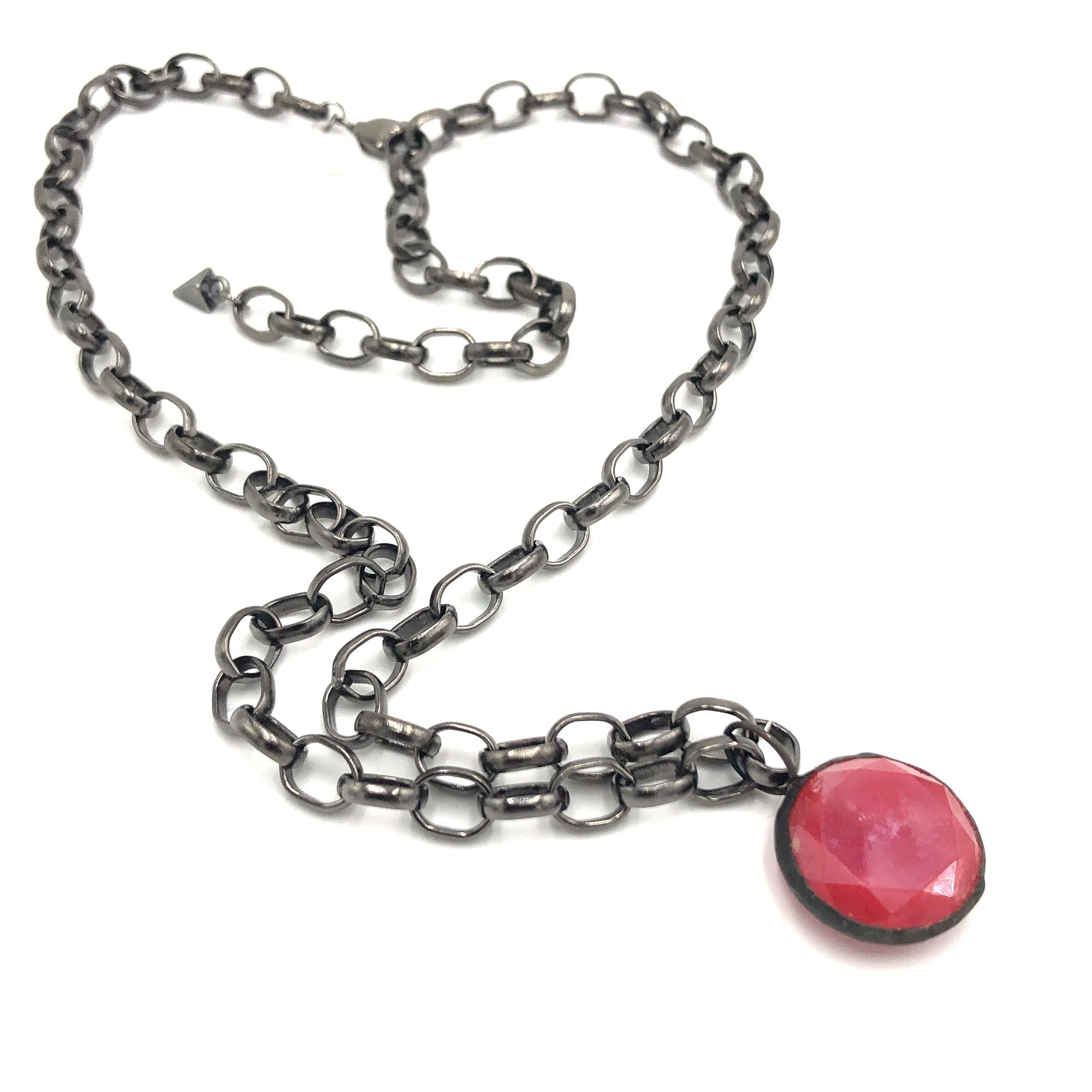 Ruby Luster Facet & Gun Metal Layering Necklace - 22mm pendant