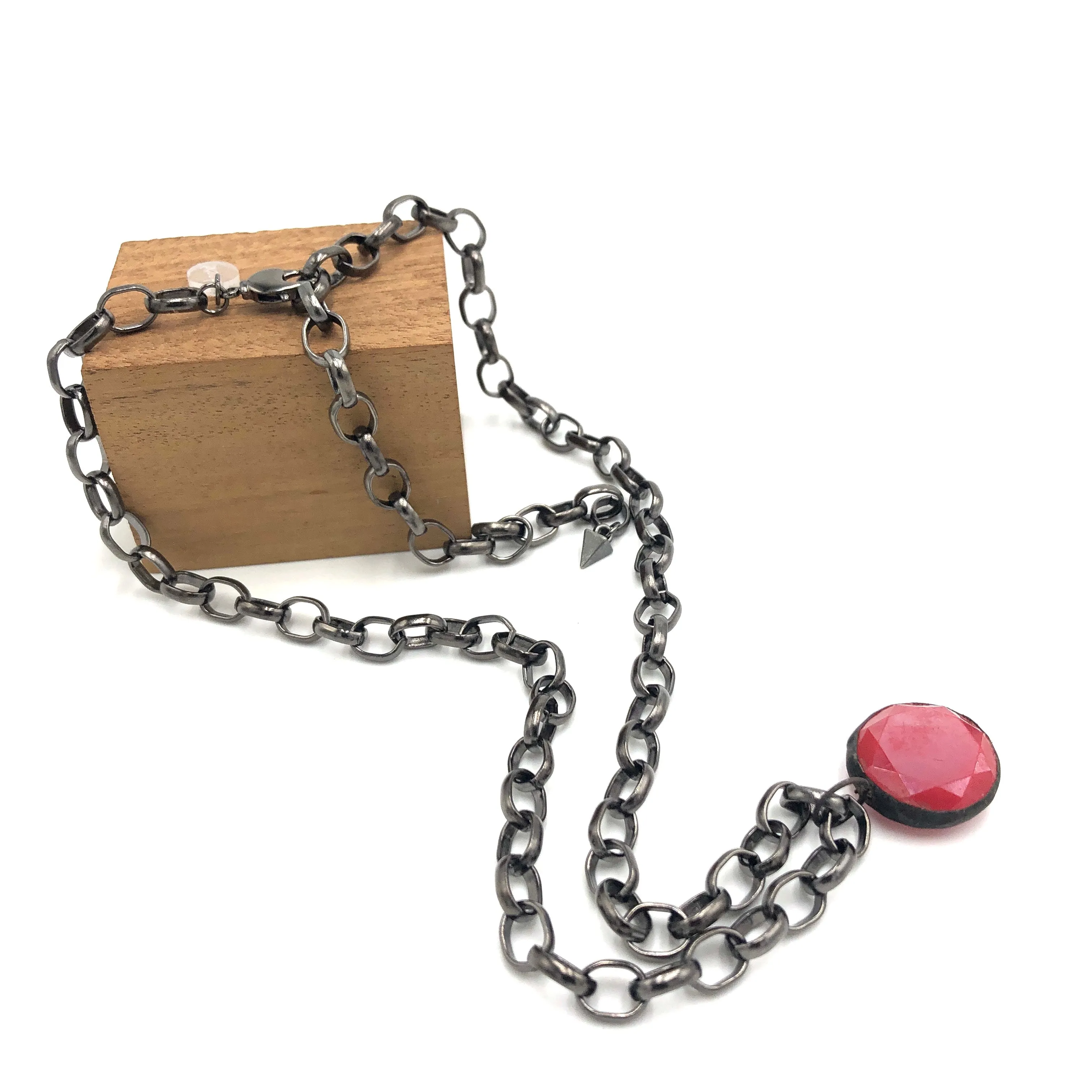 Ruby Luster Facet & Gun Metal Layering Necklace - 22mm pendant