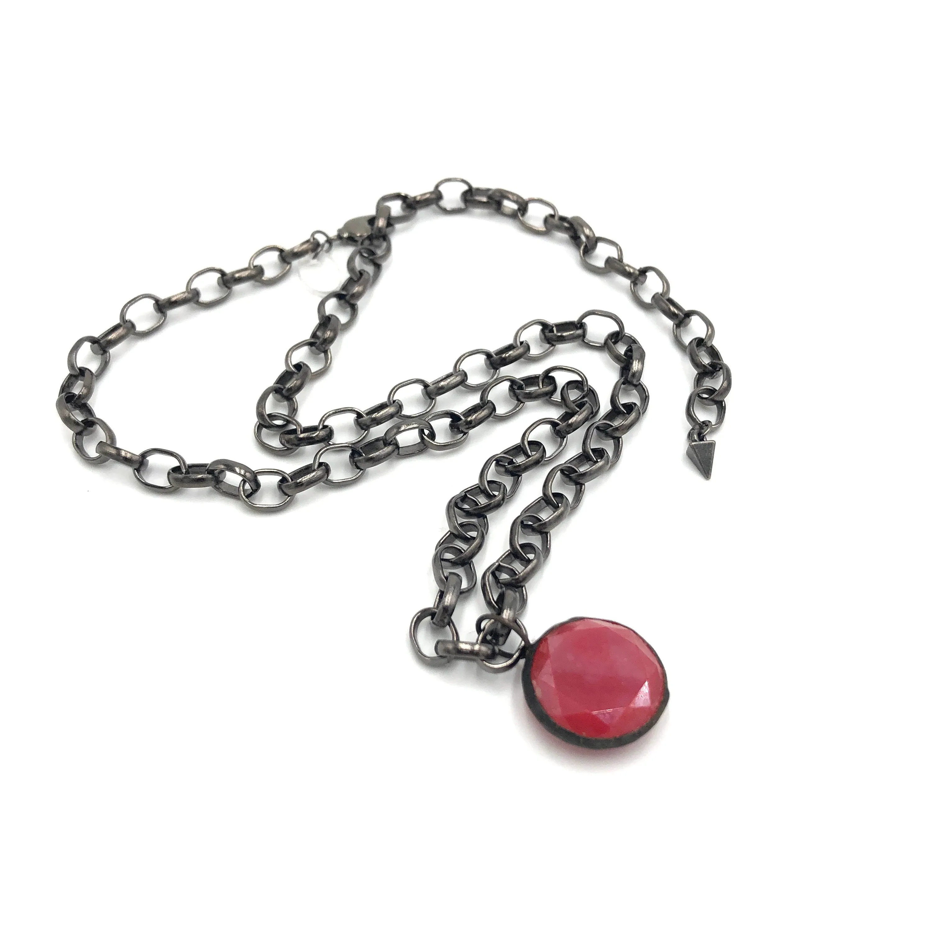 Ruby Luster Facet & Gun Metal Layering Necklace - 22mm pendant