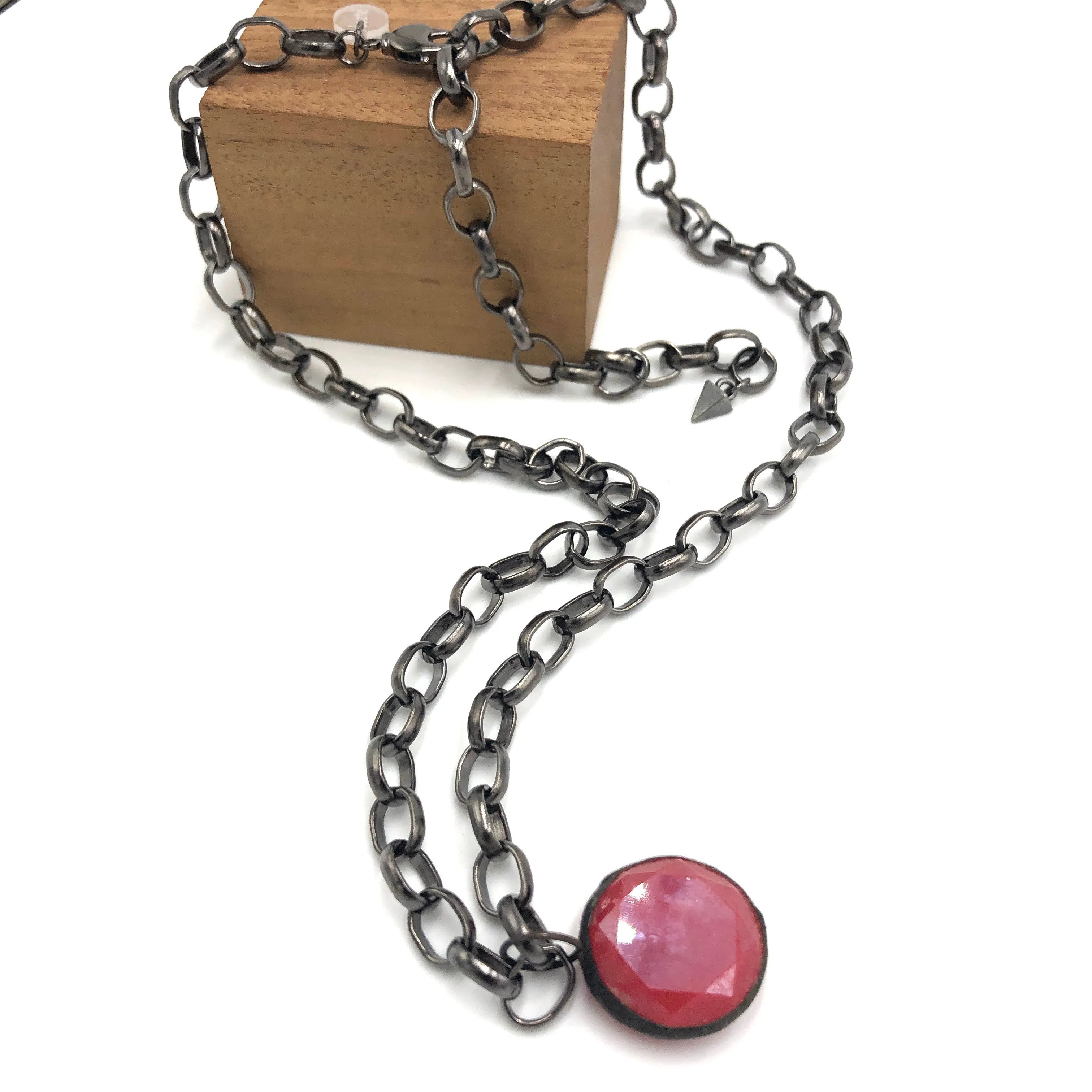 Ruby Luster Facet & Gun Metal Layering Necklace - 22mm pendant