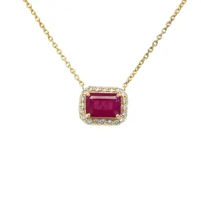 Ruby Solitaire with Diamond Halo Necklace