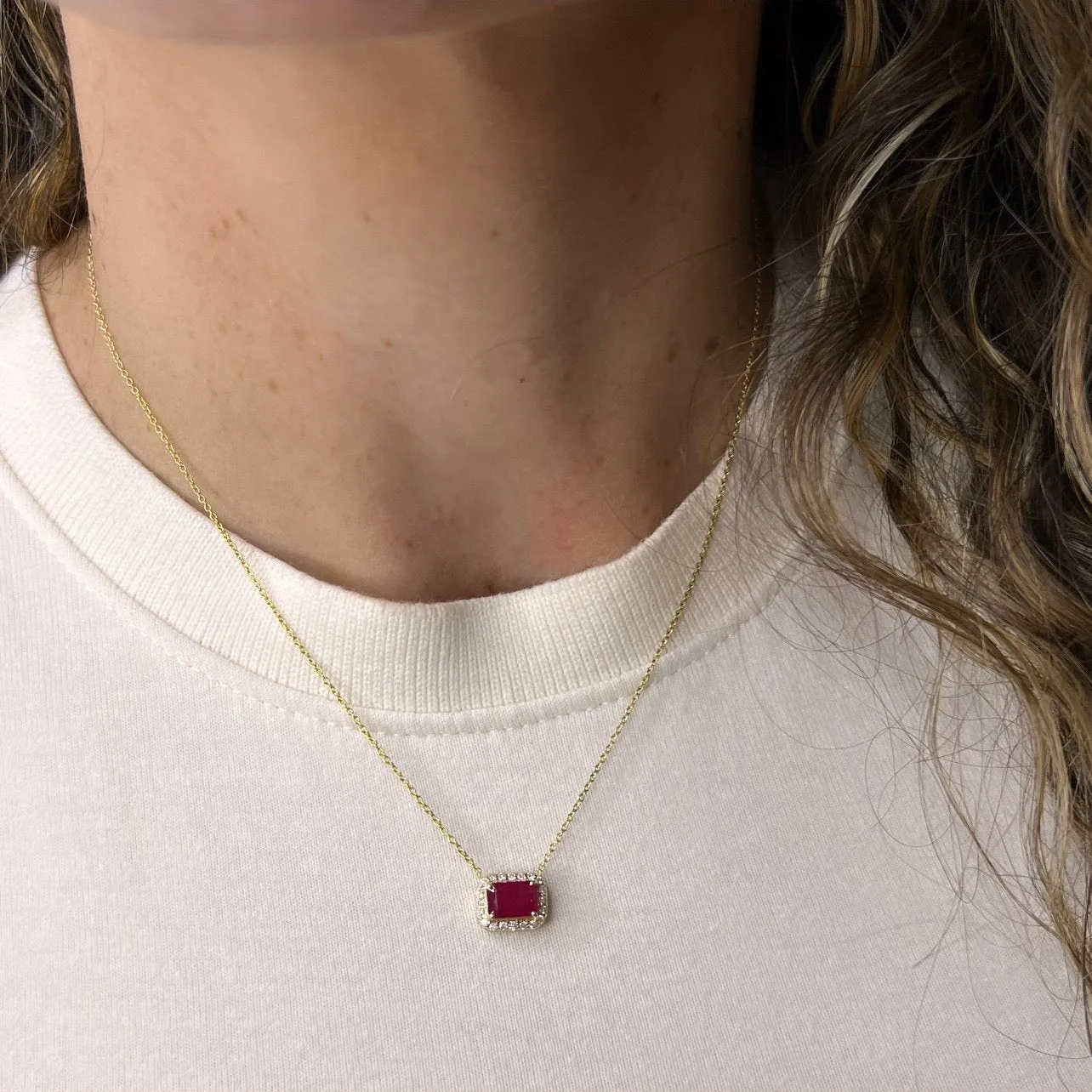 Ruby Solitaire with Diamond Halo Necklace