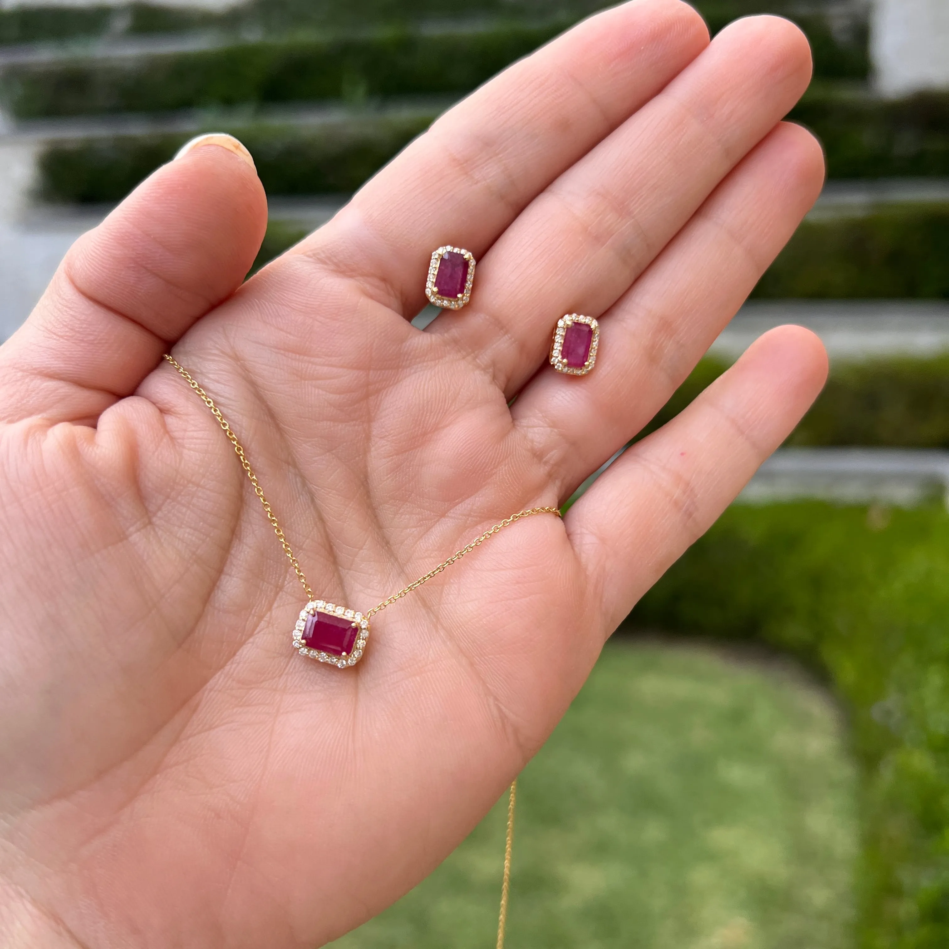 Ruby Solitaire with Diamond Halo Necklace