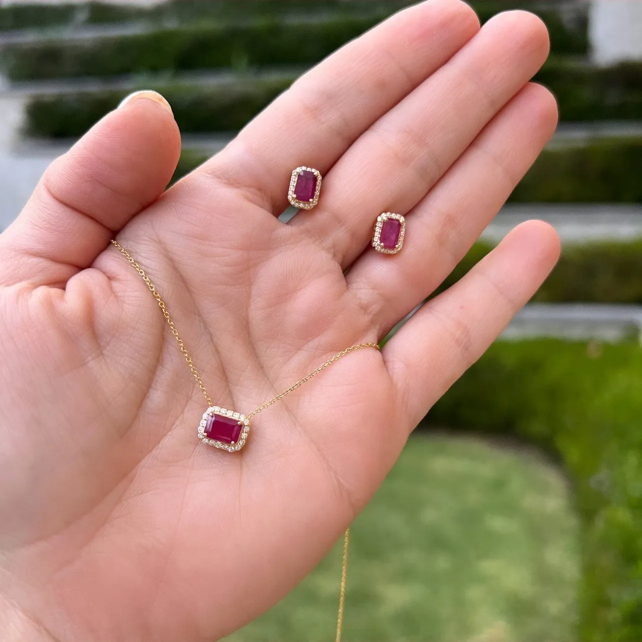 Ruby Solitaire with Diamond Halo Necklace