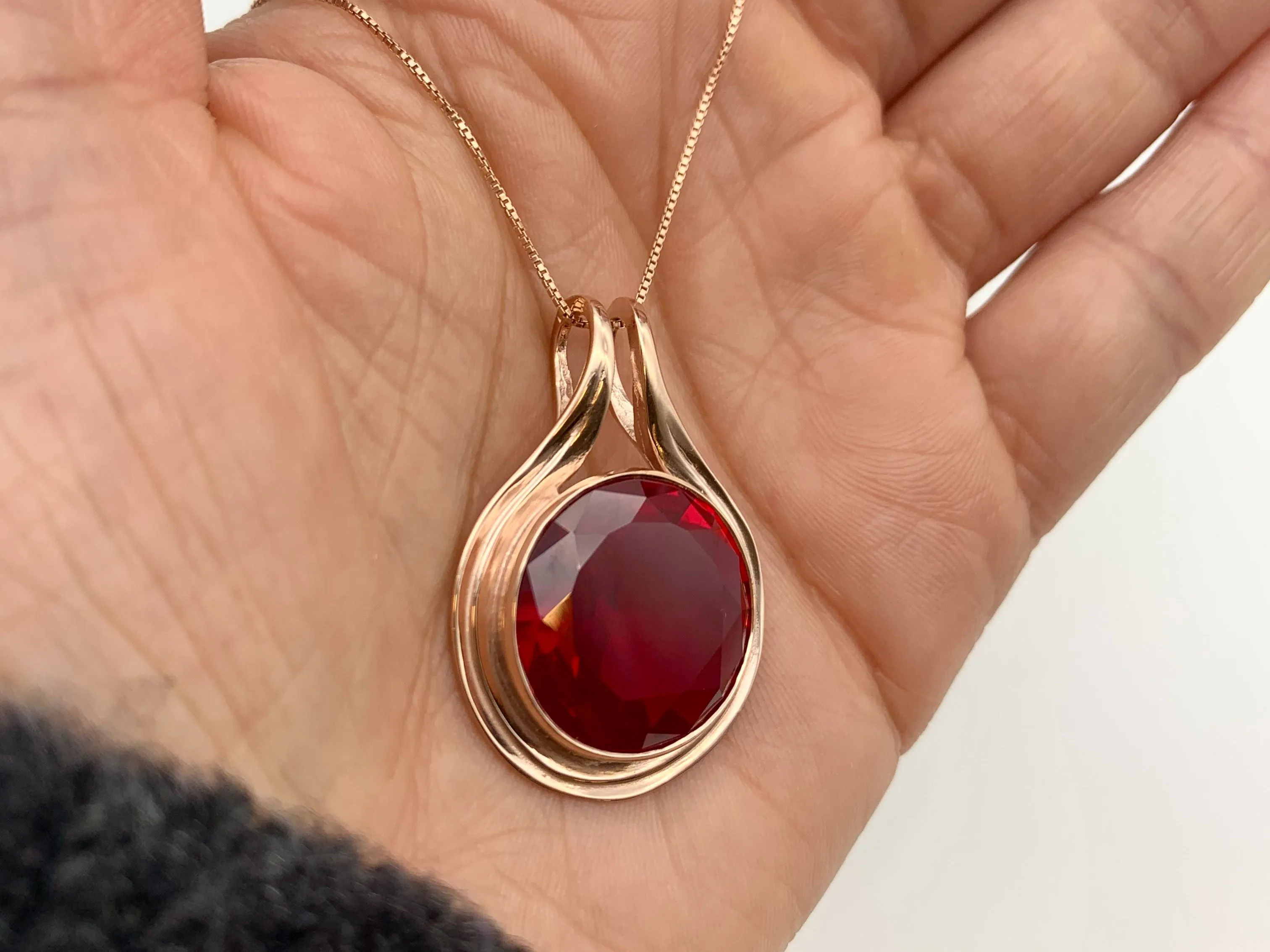 Ruby Statement Necklace - Round Red Pendant - Rose Gold Ruby Necklace