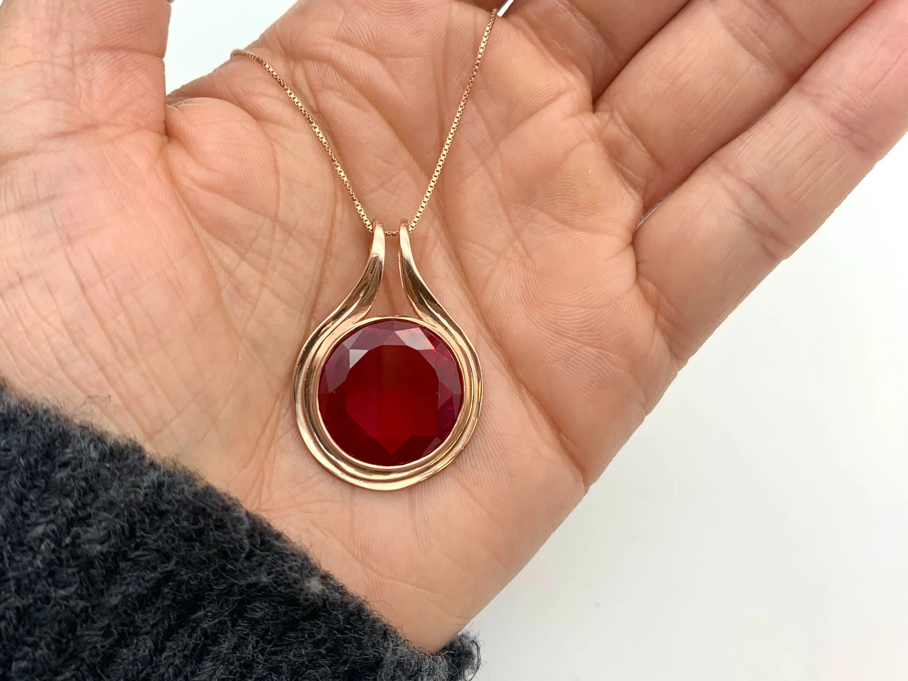 Ruby Statement Necklace - Round Red Pendant - Rose Gold Ruby Necklace