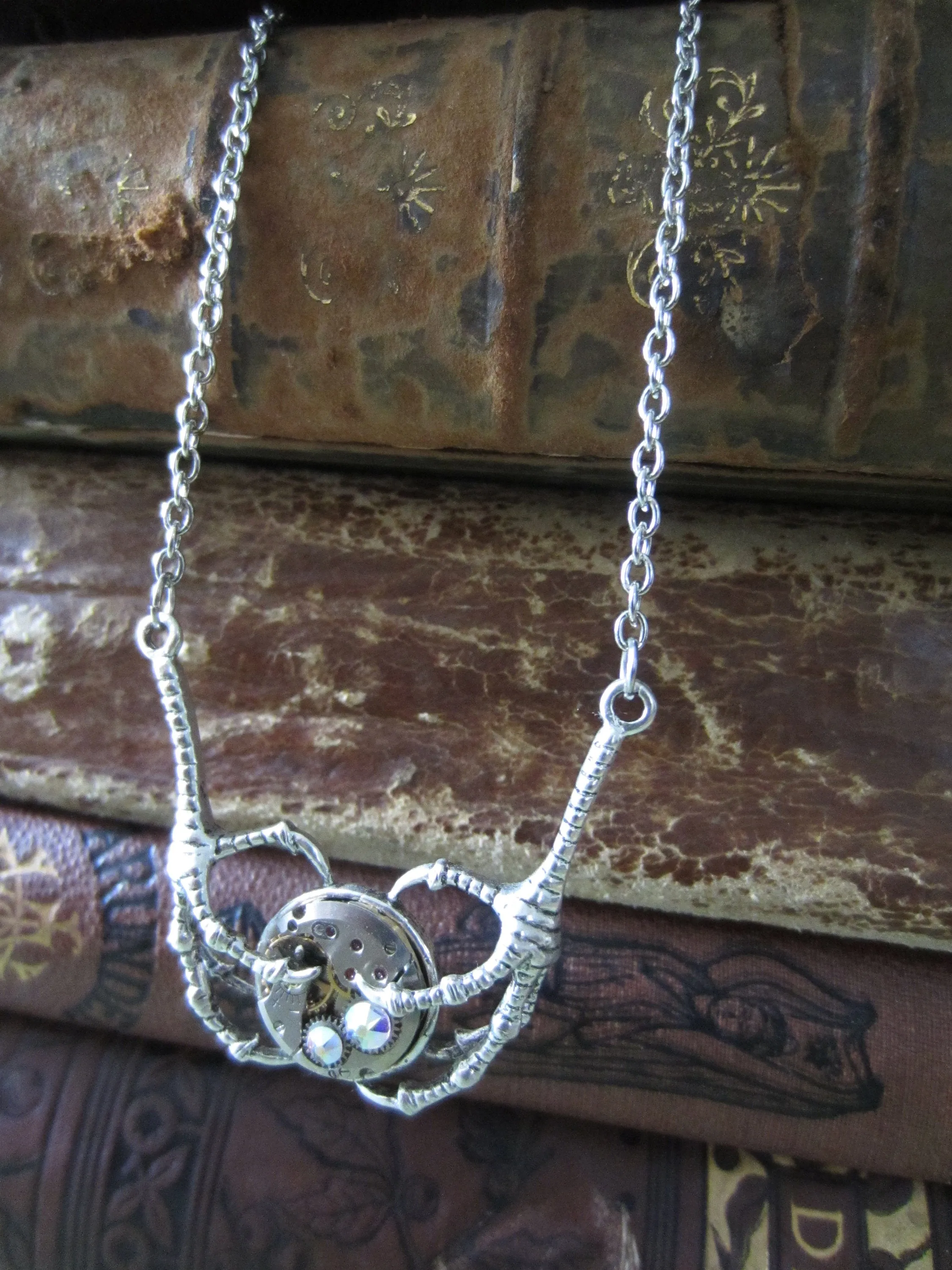 Silver claw pendant - Steampunk Jewelry - Unique jewelry for kids - Claw holding Vintage watch movements