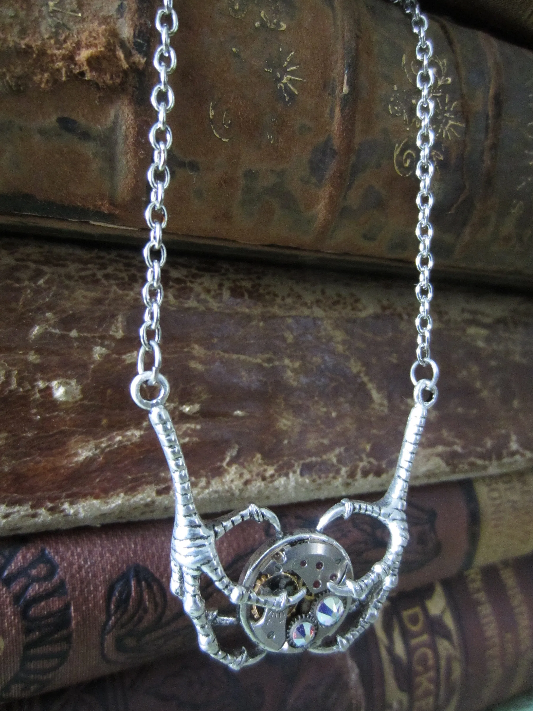 Silver claw pendant - Steampunk Jewelry - Unique jewelry for kids - Claw holding Vintage watch movements