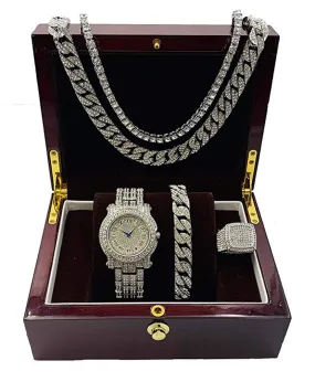 Silver Color Watch Simulated Diamond Watch Bundle Cuban Bracelet Tennis Necklace Diamonds Bust Down Ring Set